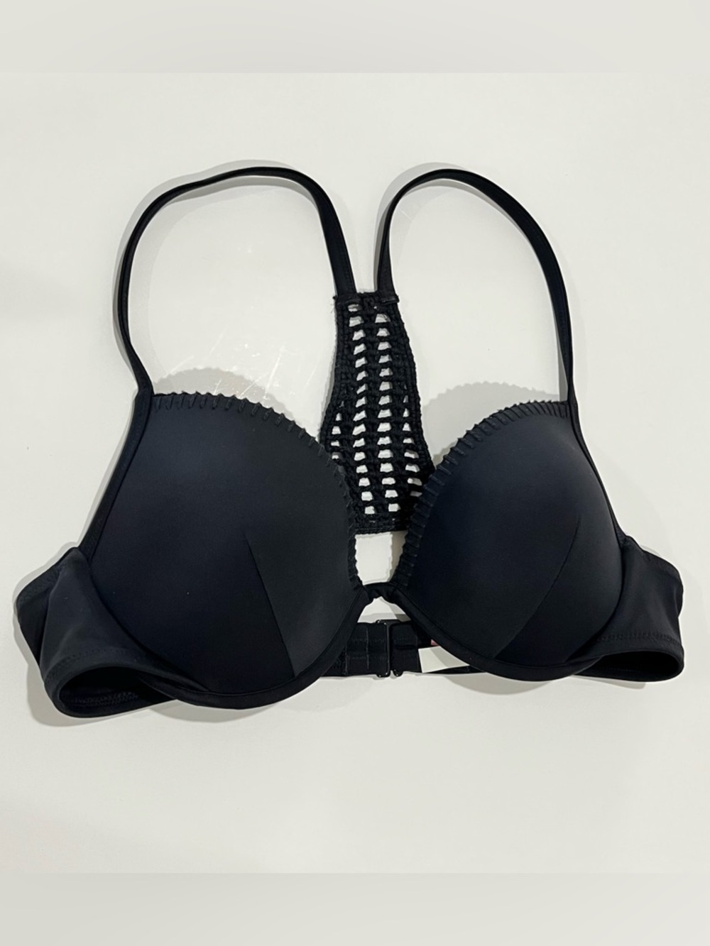 Victoria's Secret Black Racerback Push-Up Bikini Top with Crochet Panel 36C
